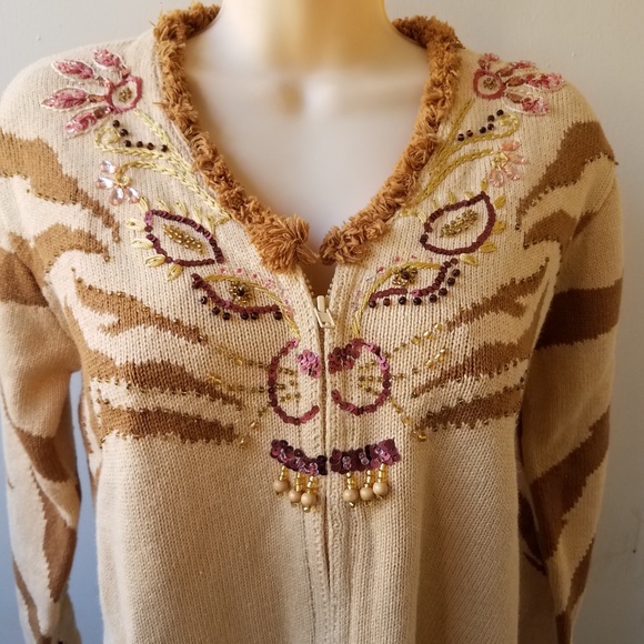 Tan Beaded Embroidered Full Zip Sweater Cardigan - Picture 3 of 6